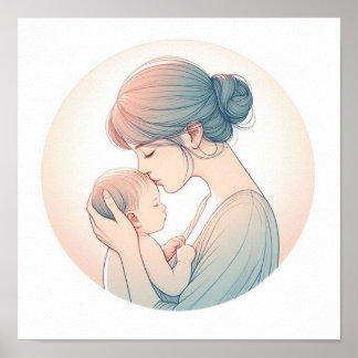 Minimalist Pastel Art of Mum with Baby Poster