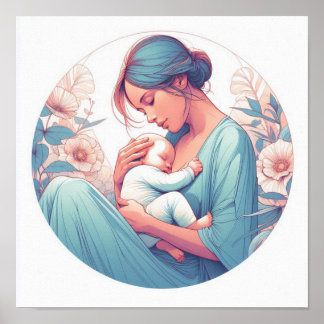 Minimalist Pastel Art of Mum with Baby Poster