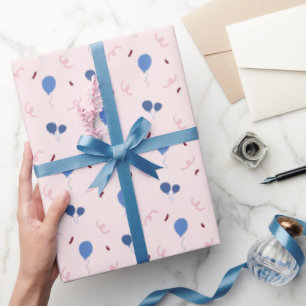 Minimalist Pastel Blue and Pink Balloons Birthday Wrapping Paper