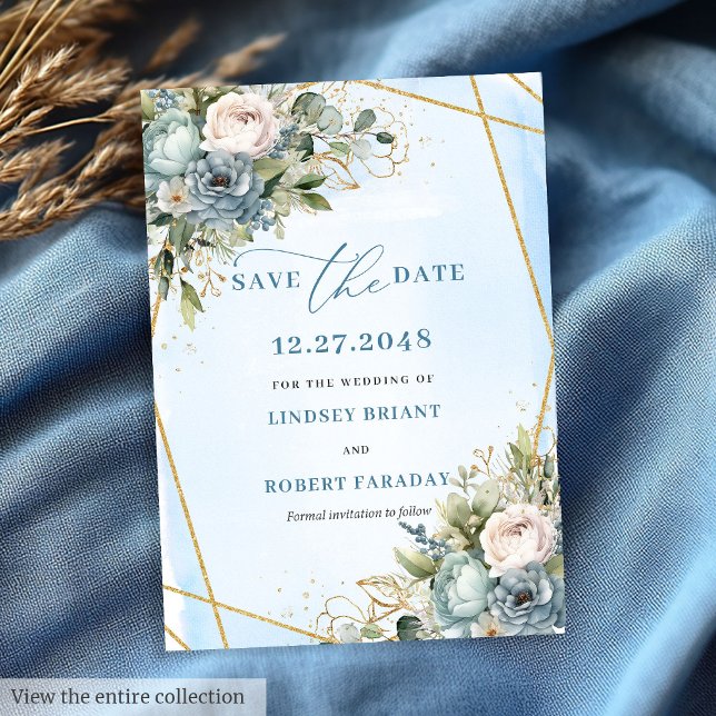 Minimalist Pastel Blue White Gold Peony Save Date Invitation (Minimalist Pastel Blue White Gold Peonies Save The Date)