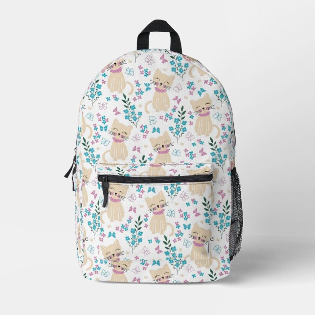 Minimalist Pastel Cat and Butterfly Garden Printed Backpack (Front)