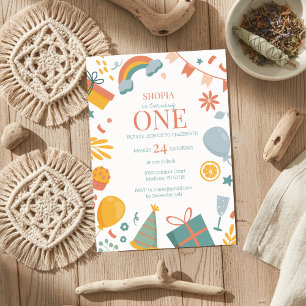 Minimalist Pastel Doodle 1st Birthday Invitation