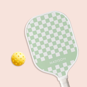 Minimalist Pastel Green Chequered Monogram Pickleball Paddle