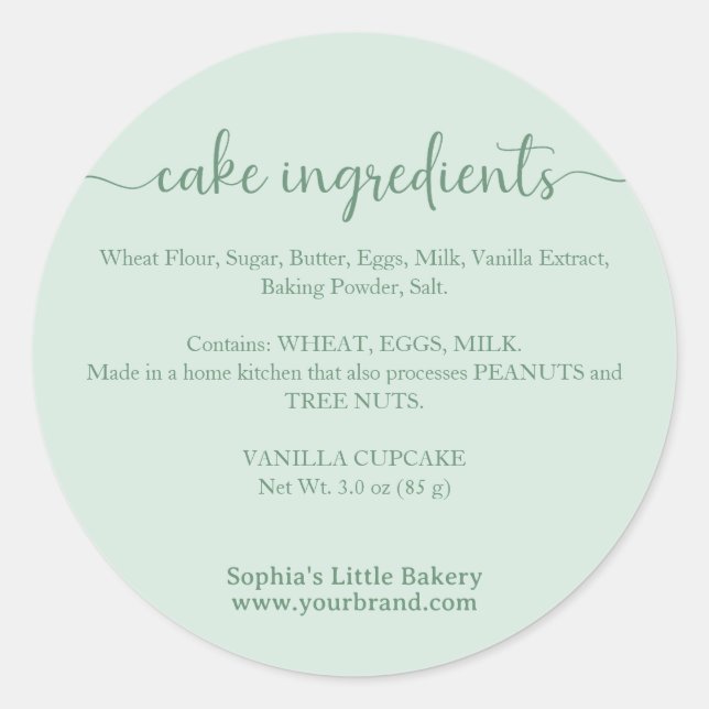 Minimalist Pastel Green Script Cake Ingredients Classic Round Sticker (Front)
