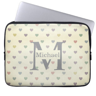 Minimalist Pastel Heart Pattern Custom Monogram Laptop Sleeve