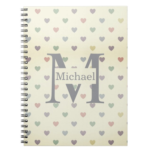 Minimalist Pastel Heart Pattern Custom Monogram  Notebook (Front)