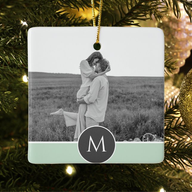 Minimalist Pastel Mint Personalised Name & Photo  Ceramic Ornament (Creator Uploaded)