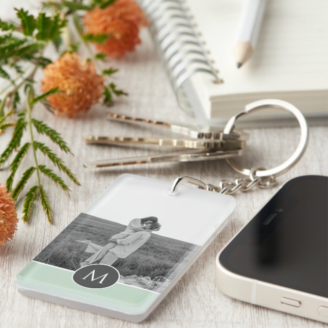 Minimalist Pastel Mint Personalised Name & Photo Key Ring (Front Right)