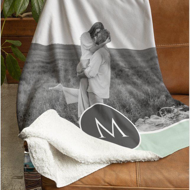 Minimalist Pastel Mint Personalised Name & Photo Sherpa Blanket (Creator Uploaded)