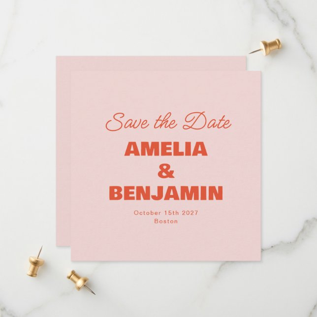 Minimalist Pastel Pink Orange Retro Photo Wedding Save The Date (Front/Back In Situ)