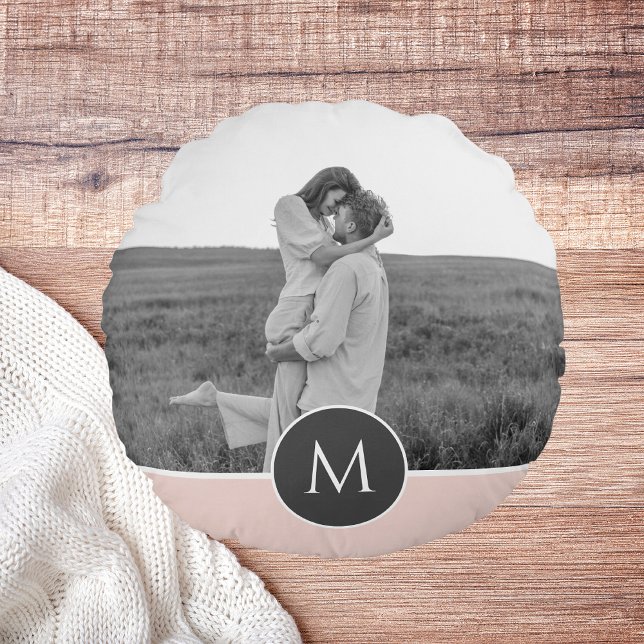 Minimalist Pastel Pink Personalised Name & Photo Round Cushion (Creator Uploaded)