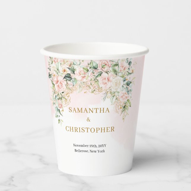 Minimalist pastel pink roses gold greenery wedding paper cups (Front)