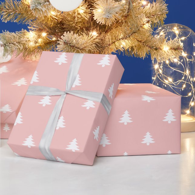Minimalist pastel pink white Christmas trees cute Wrapping Paper (Holidays)