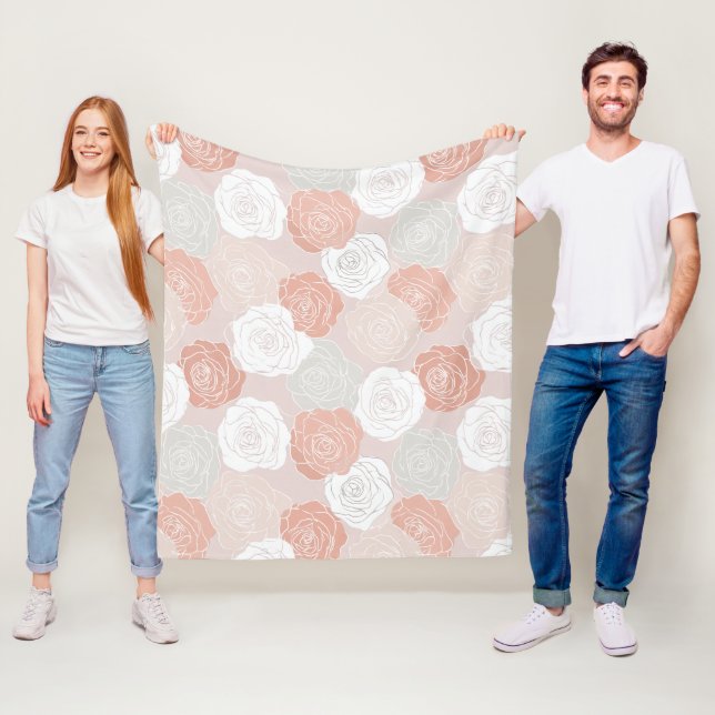 Minimalist Pastel Rose White Floral Pattern Fleece Blanket (In Situ)