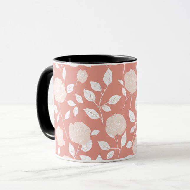 Minimalist Pastel Rose White Floral Pattern Mug (Front Left)