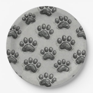 Minimalist Paw Print Sketch Pattern (1) Paper Plate