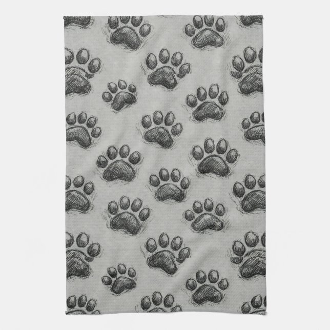 Minimalist Paw Print Sketch Pattern (1) Tea Towel (Vertical)