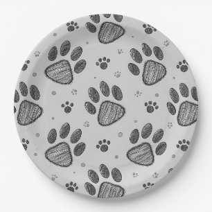 Minimalist Paw Print Sketch Pattern (2) Paper Plate