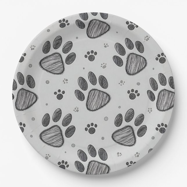 Minimalist Paw Print Sketch Pattern (2) Paper Plate (Front)