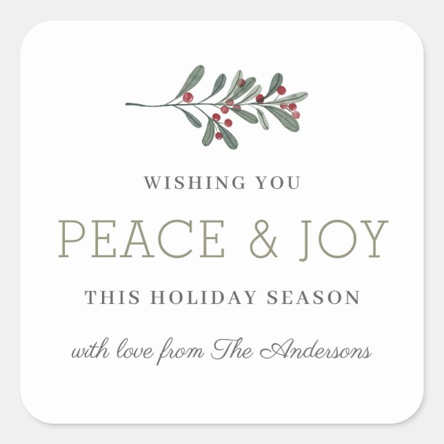 Minimalist Peace and Joy Holiday Gift Square Sticker (Front)
