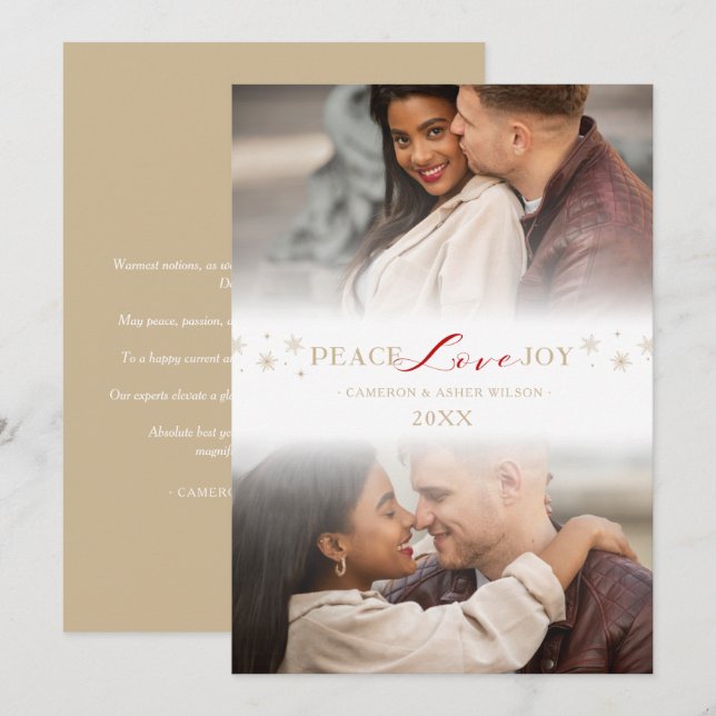 Minimalist Peace Love Joy Snowflakes 2 Photos Holiday Card (Front/Back)