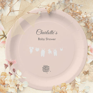 Minimalist Peach Clothesline Baby Girl Shower Paper Plate