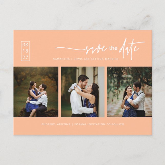 Minimalist Peach Photo QR Code Save the Date Postcard (Front)