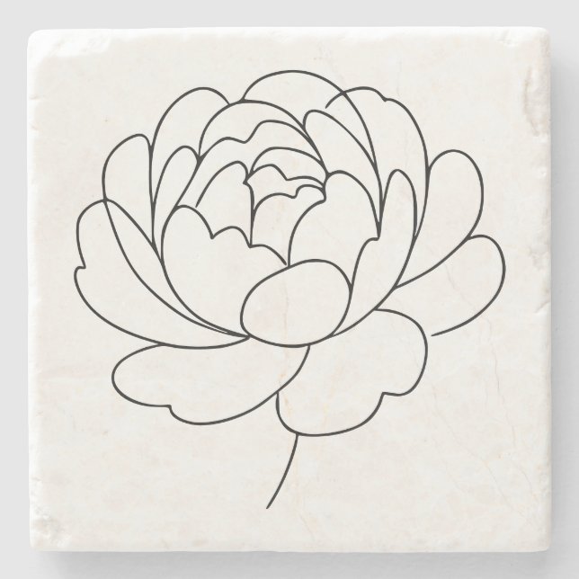 Minimalist Peony Bloom Line Art  Stone Coaster (Front)