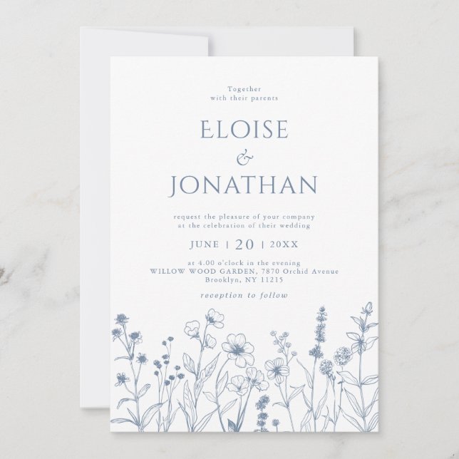 Minimalist Periwinkle Wildflower Details Wedding Invitation (Front)