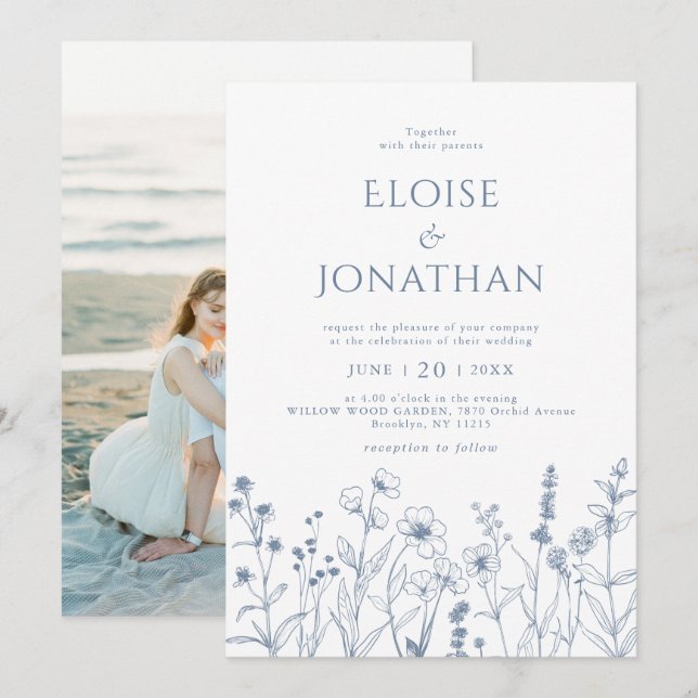 Minimalist Periwinkle Wildflower Photo Wedding Invitation (Front/Back)