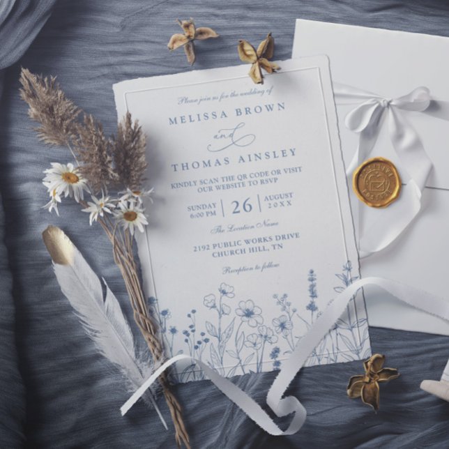 Minimalist Periwinkle Wildflowers QR Code Wedding Invitation (Creator Uploaded)