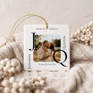Minimalist Personalised Engagement Monogram Photo Ceramic Ornament