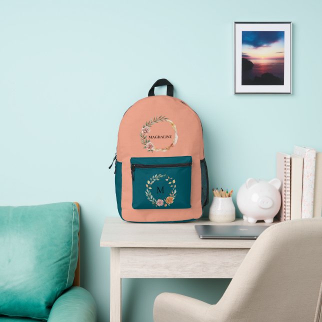 Minimalist Personalised Floral Monogram Printed Backpack (Insitu)