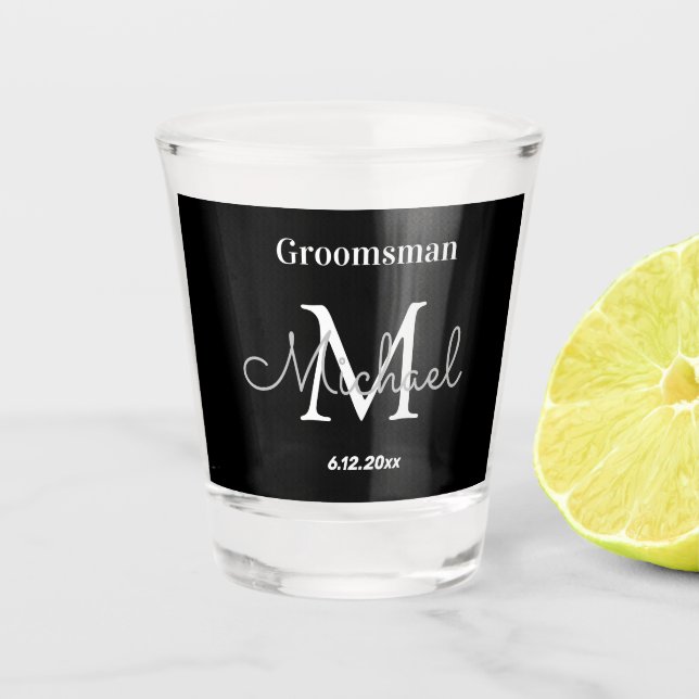 minimalist personalised  groomsmen black white   shot glass (Front)