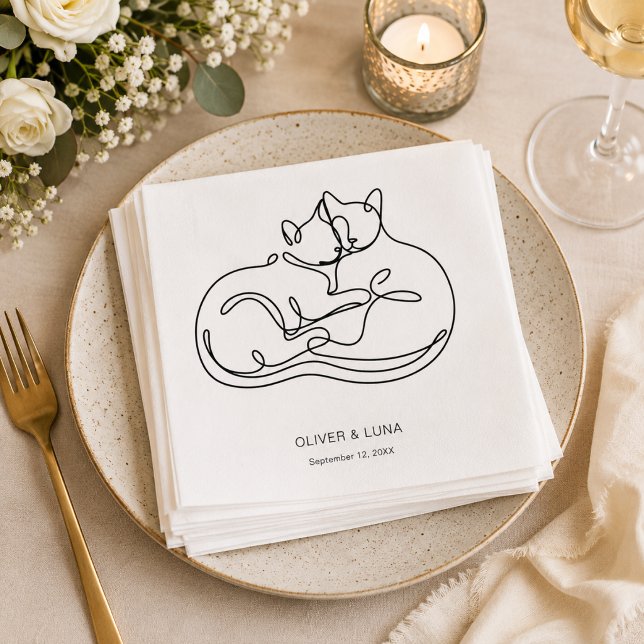 Minimalist Personalised Pet Cat Wedding  Napkin (Customize with names & wedding date. Add  other text between the square symbols if you wish)