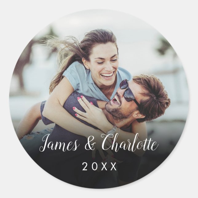 Minimalist Personalised Photo Script Name Date Classic Round Sticker (Front)