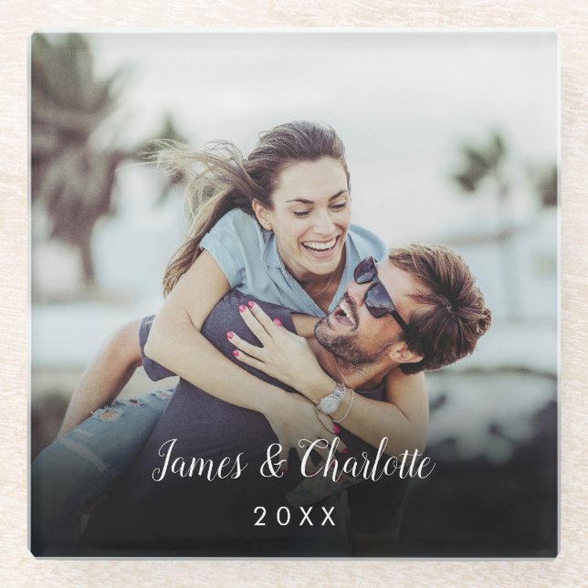 Minimalist Personalised Photo Script Name Date Glass Coaster (Front)