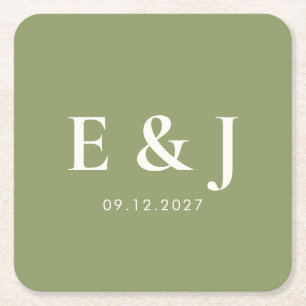 Minimalist Personalised Sage Green Wedding Square Paper Coaster