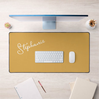 Minimalist Personalised Script Name Mustard Gold  Desk Mat
