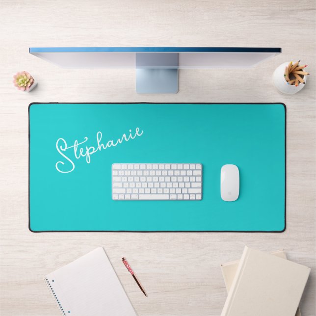Minimalist Personalised Script Name Turquoise Desk Mat (Office 1)