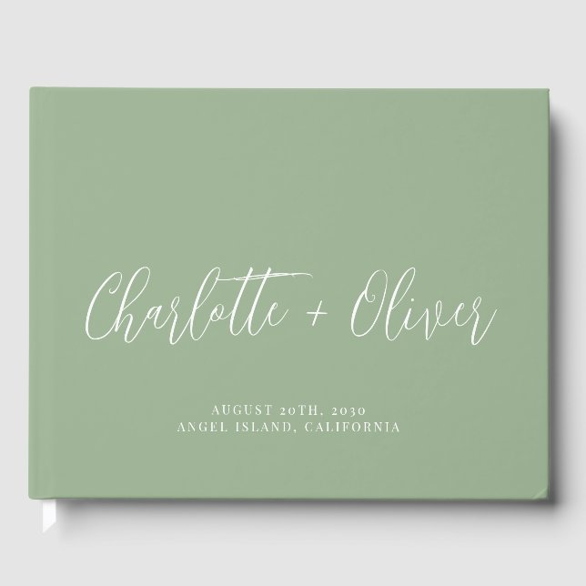 Minimalist Personalised Script Sage Green Wedding Guest Book (Front)