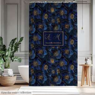 Minimalist Personalized Royal Blue and Gold Shower Curtain