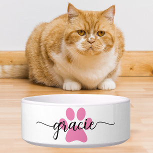 Minimalist Pet Name Paw Print Dog Cat Food Water Bowl