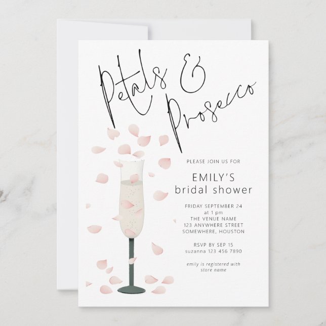 Minimalist Petals and Prosecco Bridal Shower Invitation (Front)