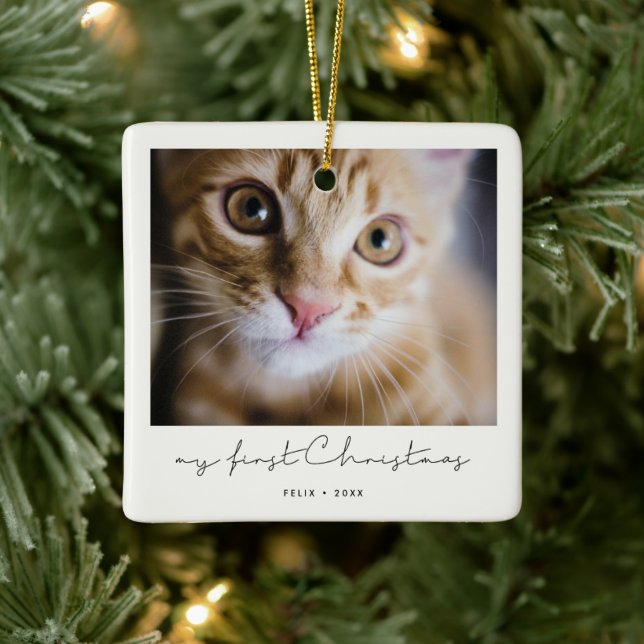 Minimalist Pet's First Christmas photo Ceramic Ornament (Tree)