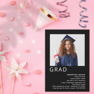 Minimalist Photo 2022 Graduation Black Invitation