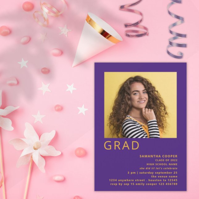 Minimalist Photo 2022 Graduation Purple Yellow Invitation (Creator Uploaded)