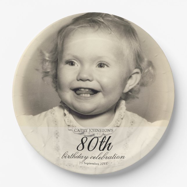 Minimalist Photo 80th Birthday Paper Plate (Front)