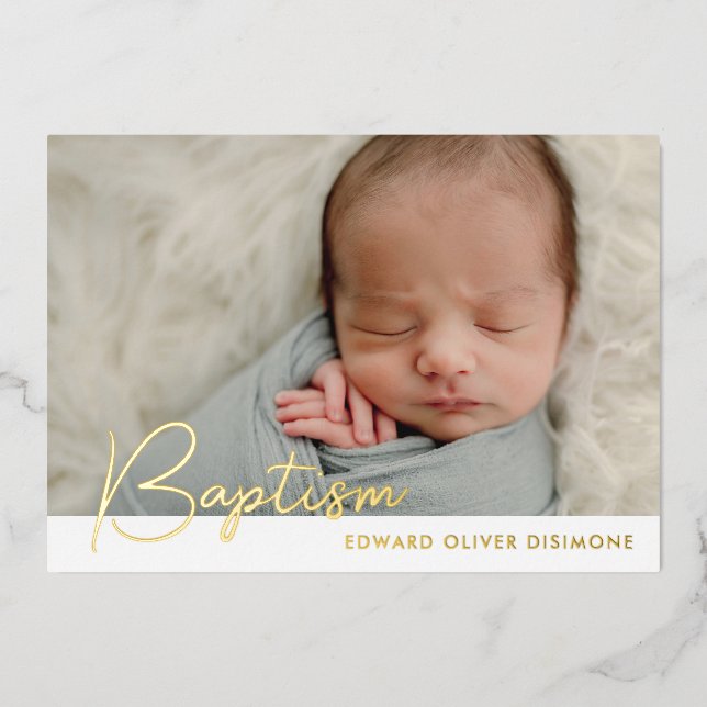 Minimalist Photo Baptism Gold Foil Invitation (Front)
