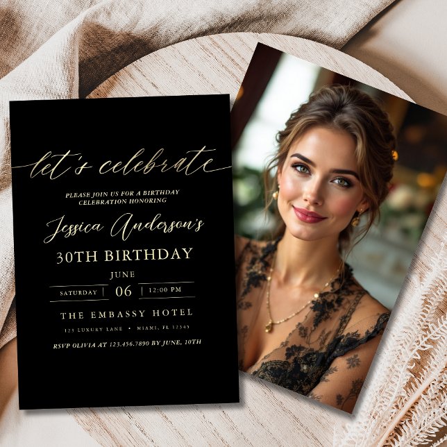 Minimalist Photo Black Gold Birthday Invitation (Creator Uploaded)